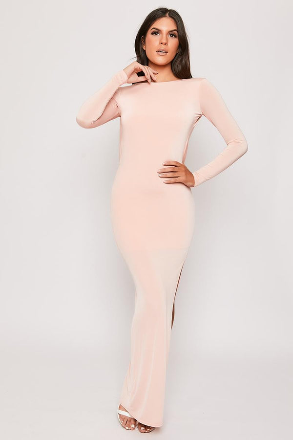 Ophelia - Pink Long Sleeve Open Back Evening Dress