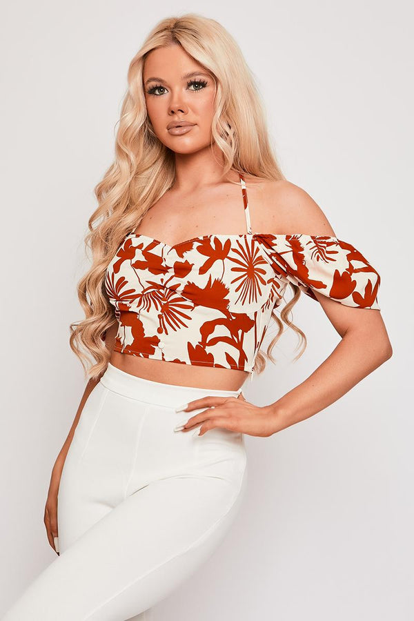 Ailis - Red Floral Puff Sleeve Halter Neck Top