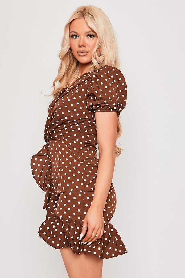 Anjelica - Chocolate Polka Dot Puff Sleeve Mini Dress