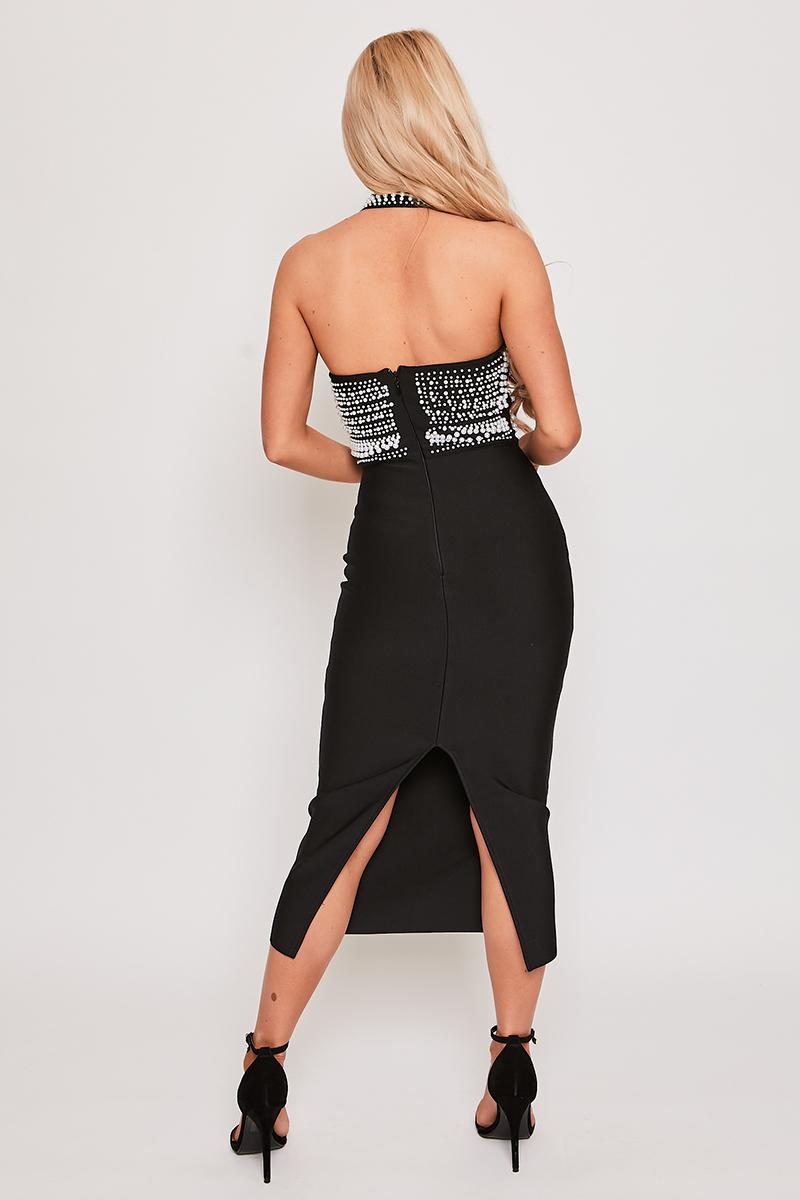Nadia - Black Pearl Halterneck Bandage Midi Dress