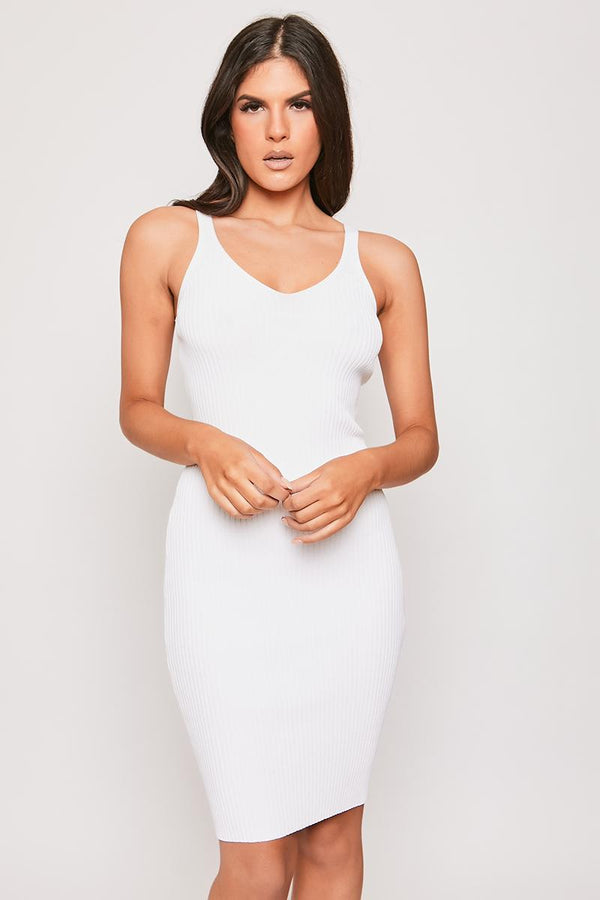 Hattie - White Premium Fine Knit White Midi Dress