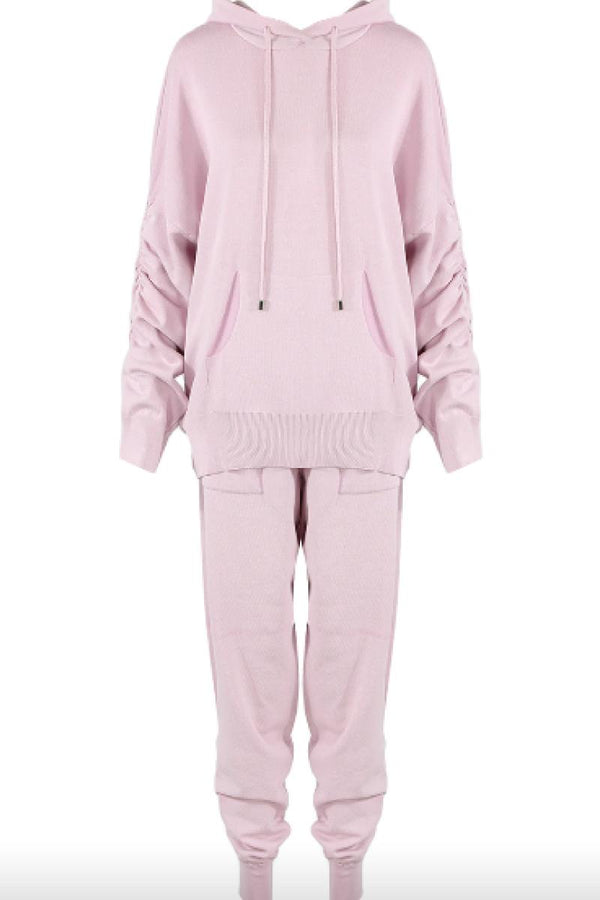 Mareena - Dusky Pink Ruched Hooded Knitted Loungewear Set