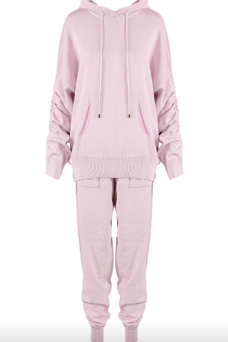 Mareena - Dusky Pink Ruched Hooded Knitted Loungewear Set