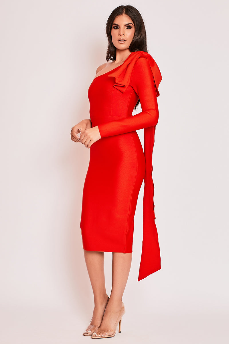 Mariella - Red One Shoulder Bandage Midi Dress