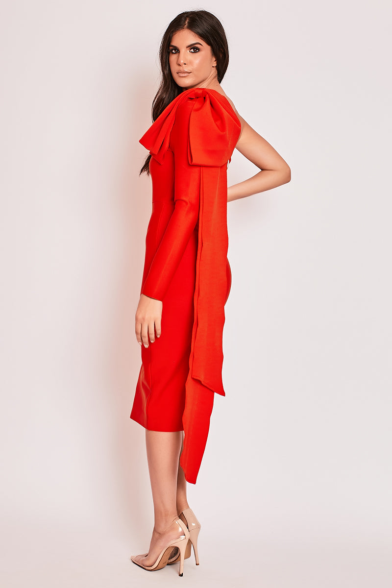 Mariella - Red One Shoulder Bandage Midi Dress