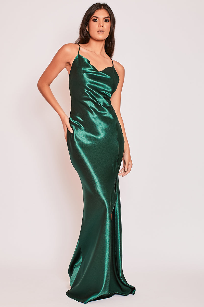 Aurora - Dark Green Satin Backless Cowl Neck Evening Dress Aurora - Dark Green Satin Backless Cowl Neck Evening Dress