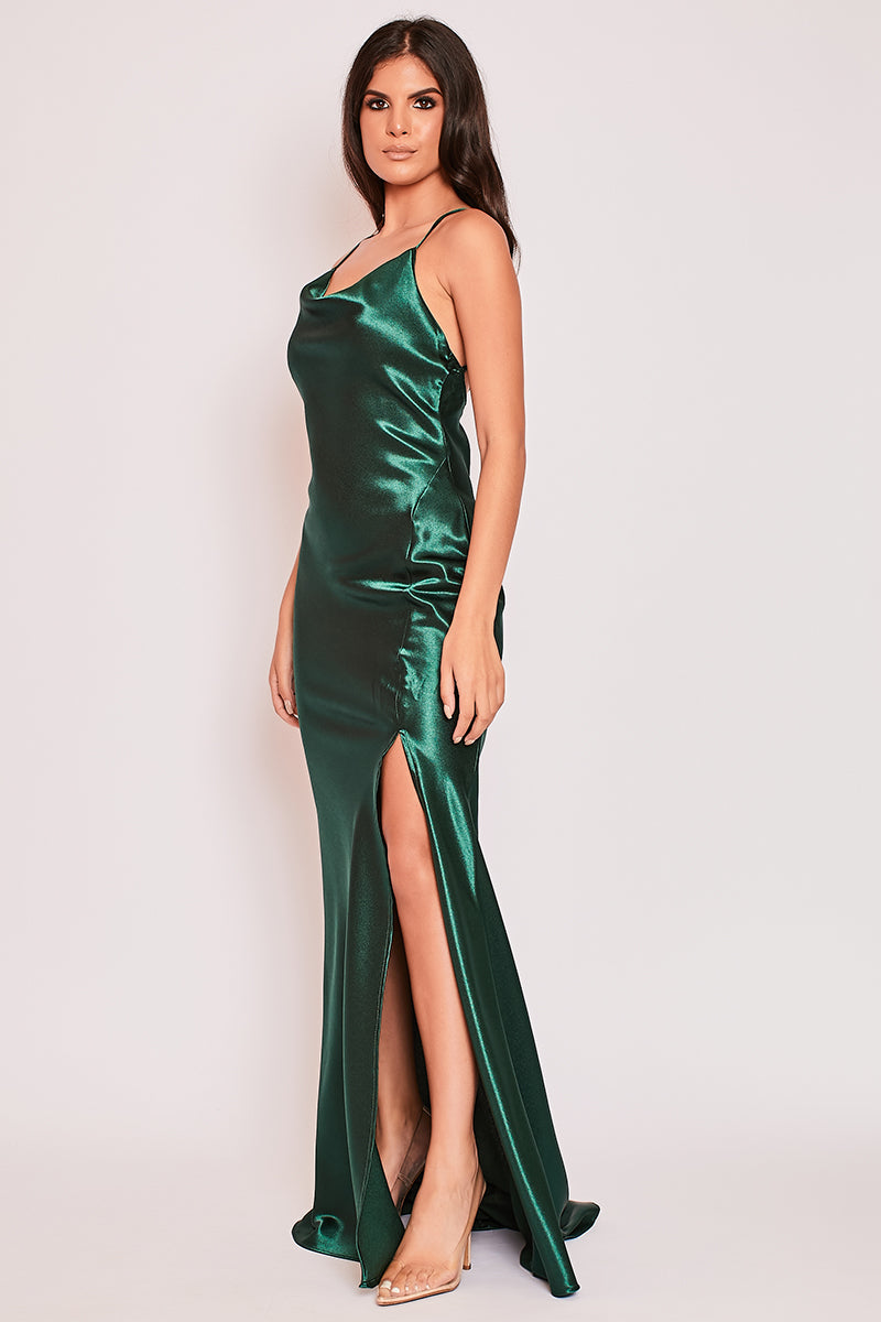 Aurora - Dark Green Satin Backless Cowl Neck Evening Dress