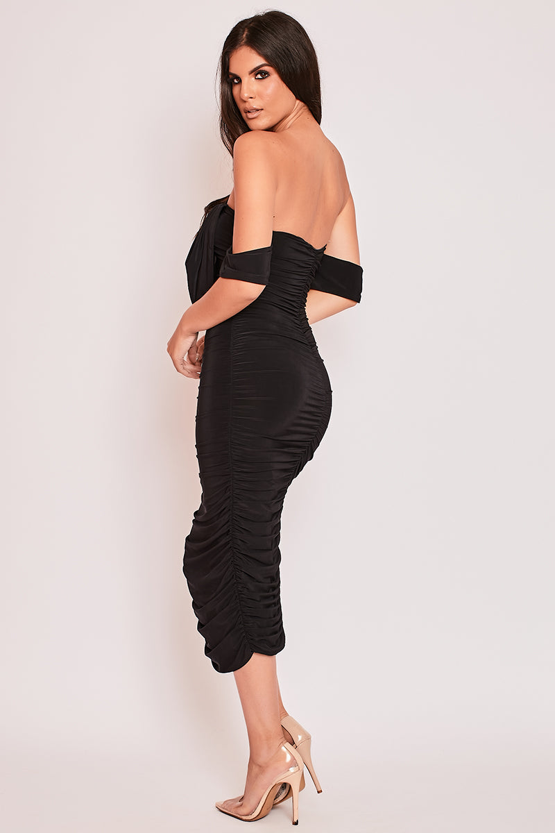 Rosea - Black Draped Off The Shoulder Slinky Midi Dress