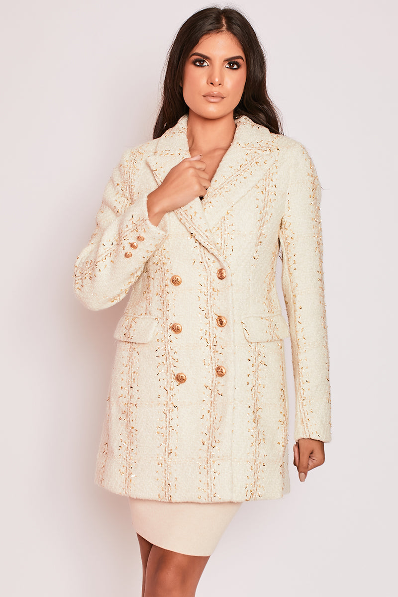 Alaana - Ivory & Gold Long Lined Double Breasted Tweed Blazer