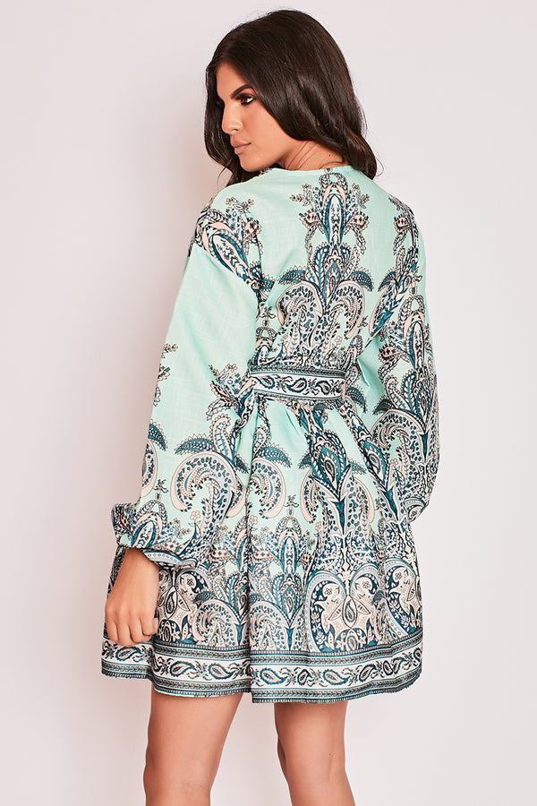 Marquis - Green Paisley Belted Flare Mini Dress