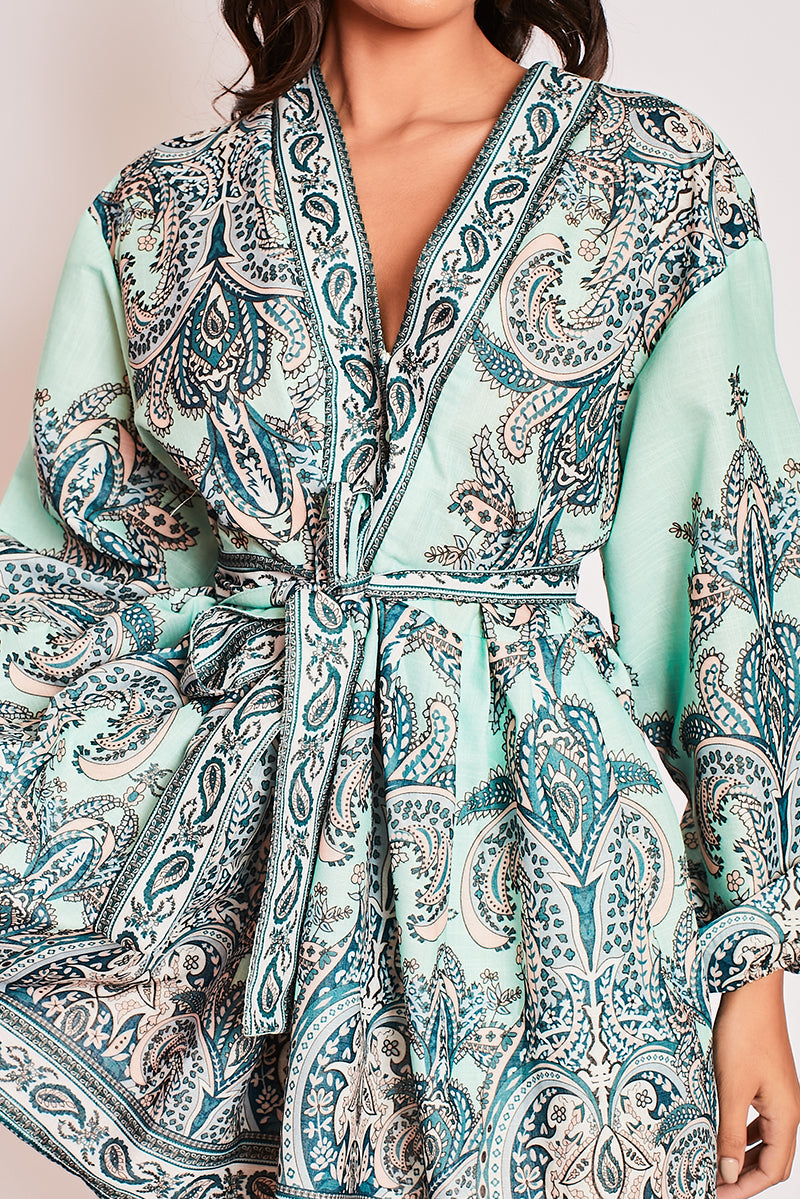 Marquis - Green Paisley Belted Flare Mini Dress
