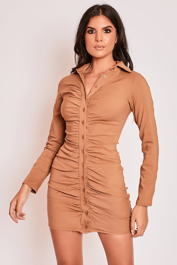 Erica - Tan Long Sleeve Ruched Shirt Dress