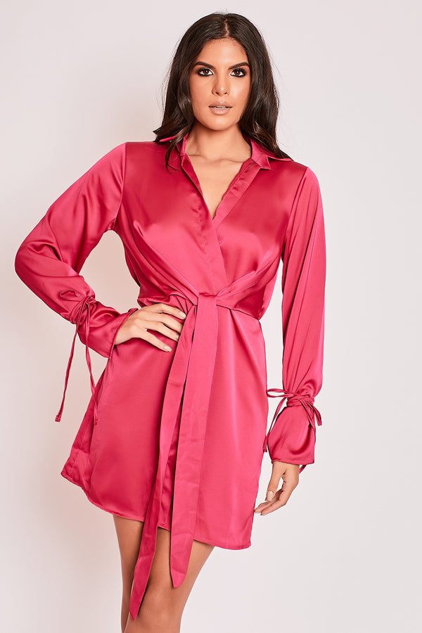 Mae - Pink Satin Tie Front Shirt Dress