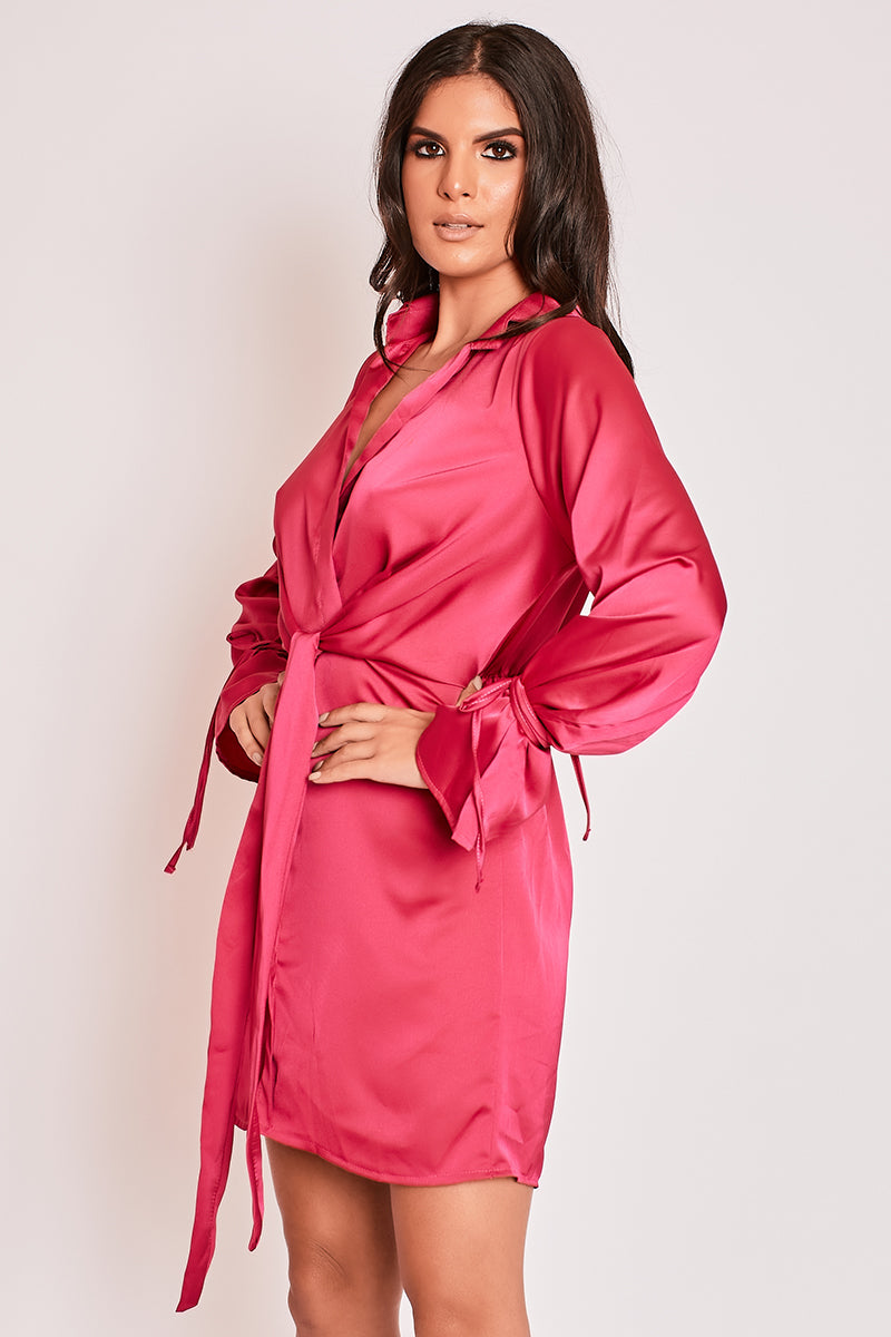 Mae - Pink Satin Tie Front Shirt Dress