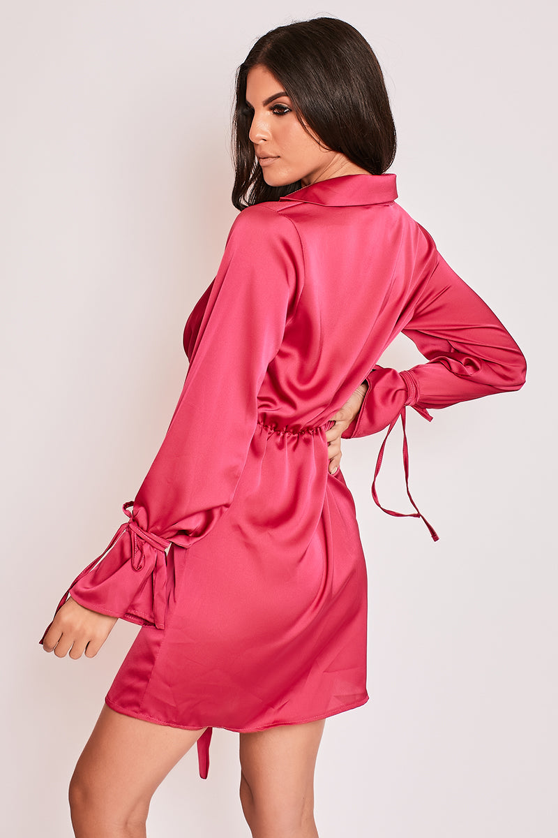 Mae - Pink Satin Tie Front Shirt Dress