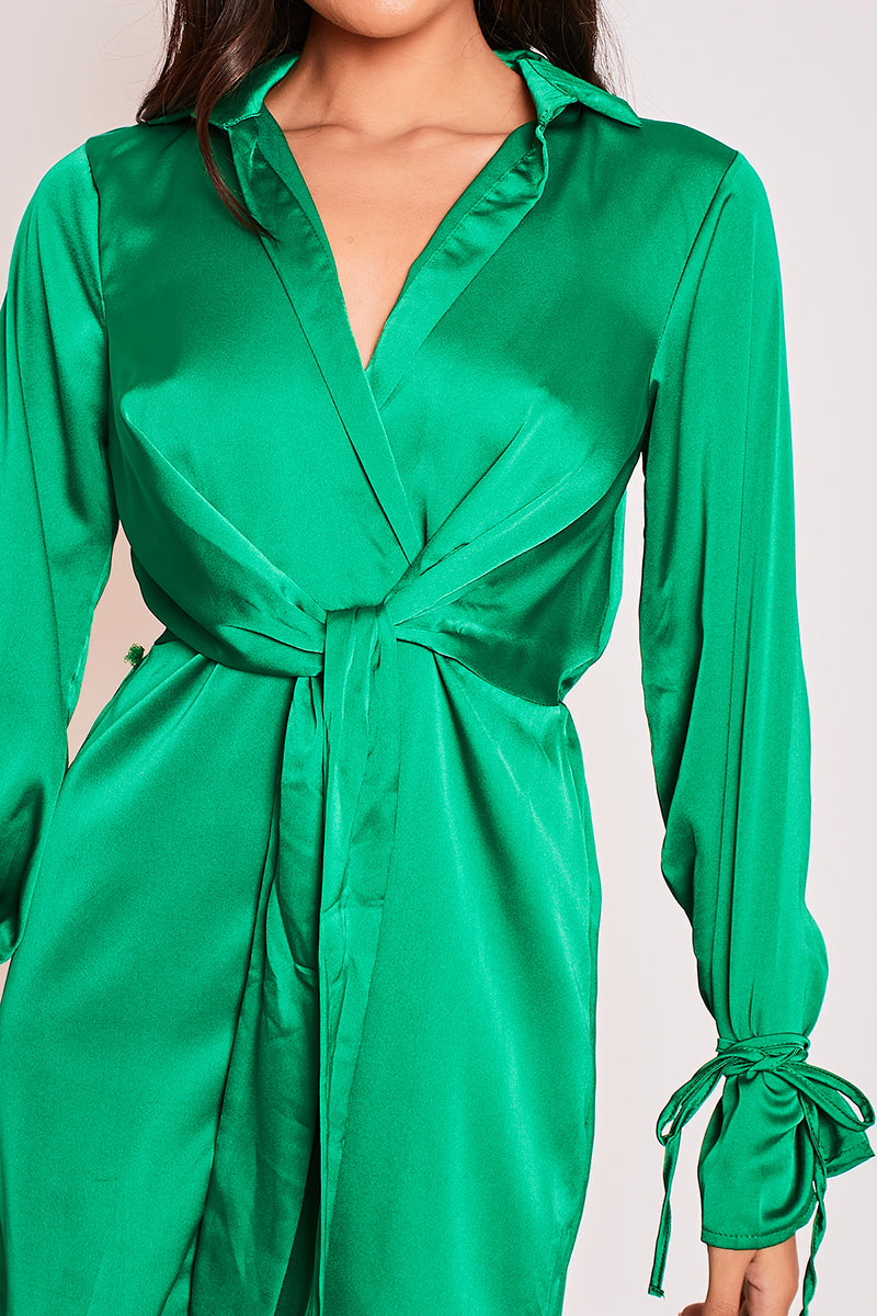Mae - Green Satin Tie Front Shirt Dress