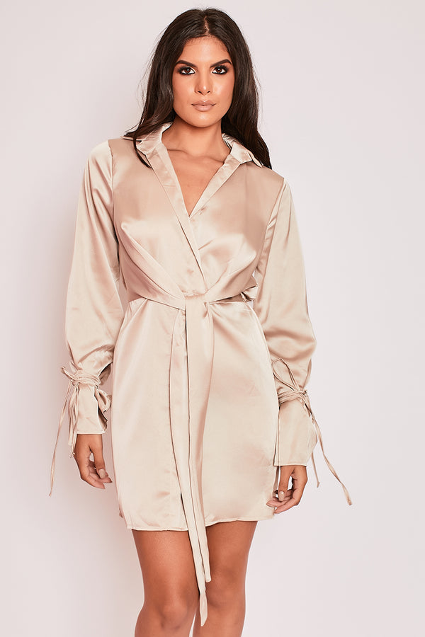 Mae - Champagne Satin Tie Front Shirt Dress