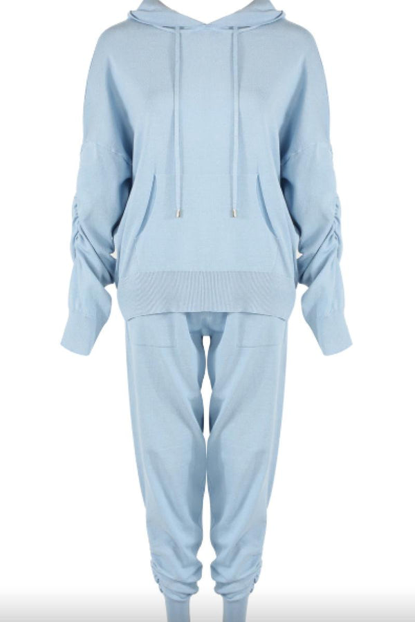 Mareena - Blue Ruched Hooded Knitted Loungewear Set