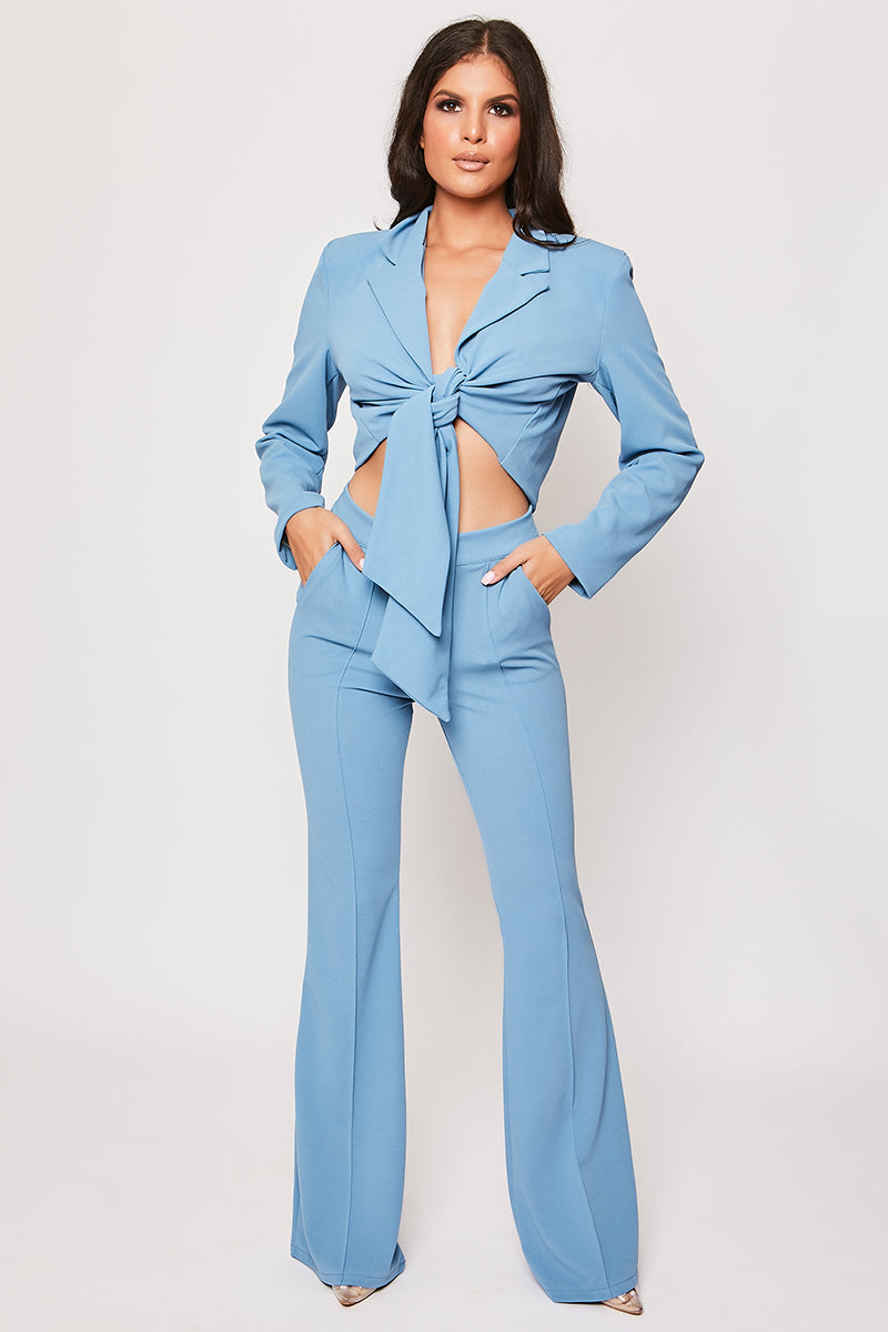 Blair - Blue Tailored Front Knotted Blazer & Bell Bottom Trouser Set