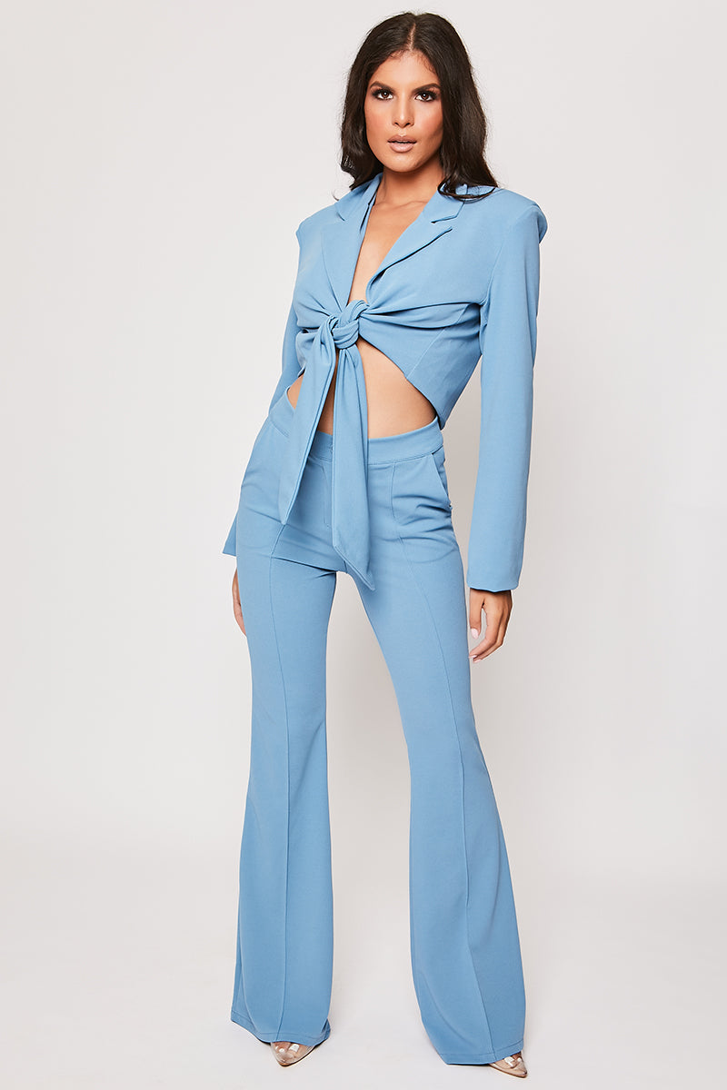 Blair - Blue Tailored Front Knotted Blazer & Bell Bottom Trouser Set