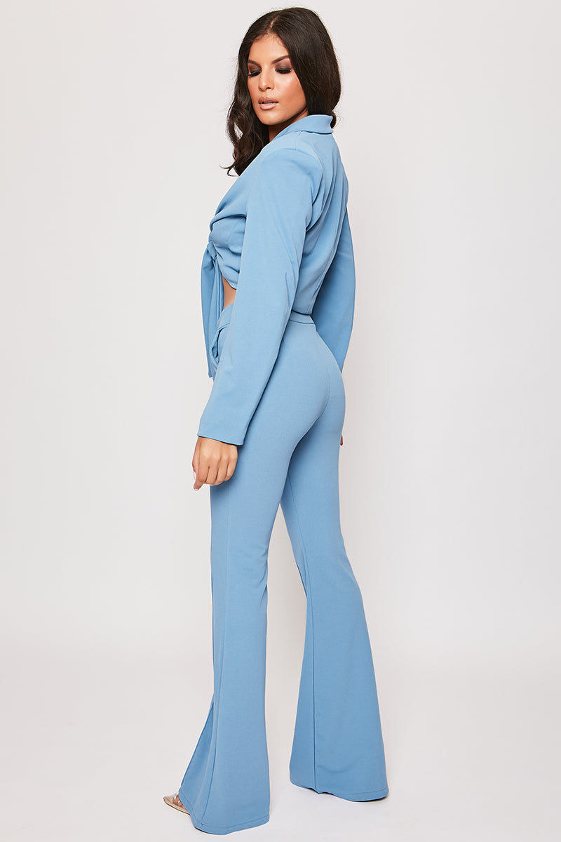 Blair - Blue Tailored Front Knotted Blazer & Bell Bottom Trouser Set