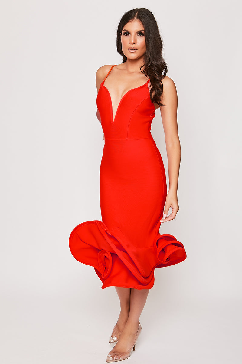 Ivy - Red Plunge Extreme Fishtail Bandage Dress