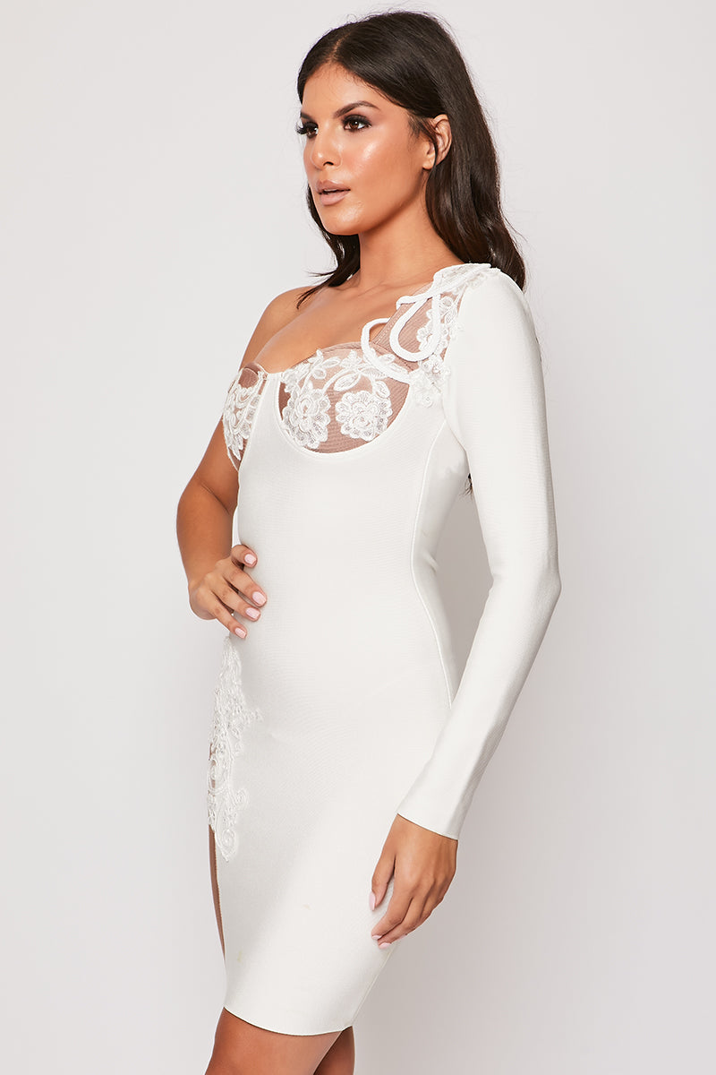 Emiliana - White & Nude Embellished Lace One Shoulder Bandage Dress
