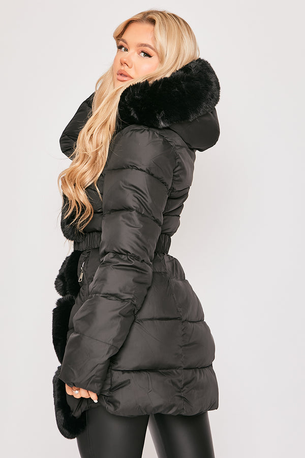 Perrie - Black Belted Faux Fur Longline Puffer Coat