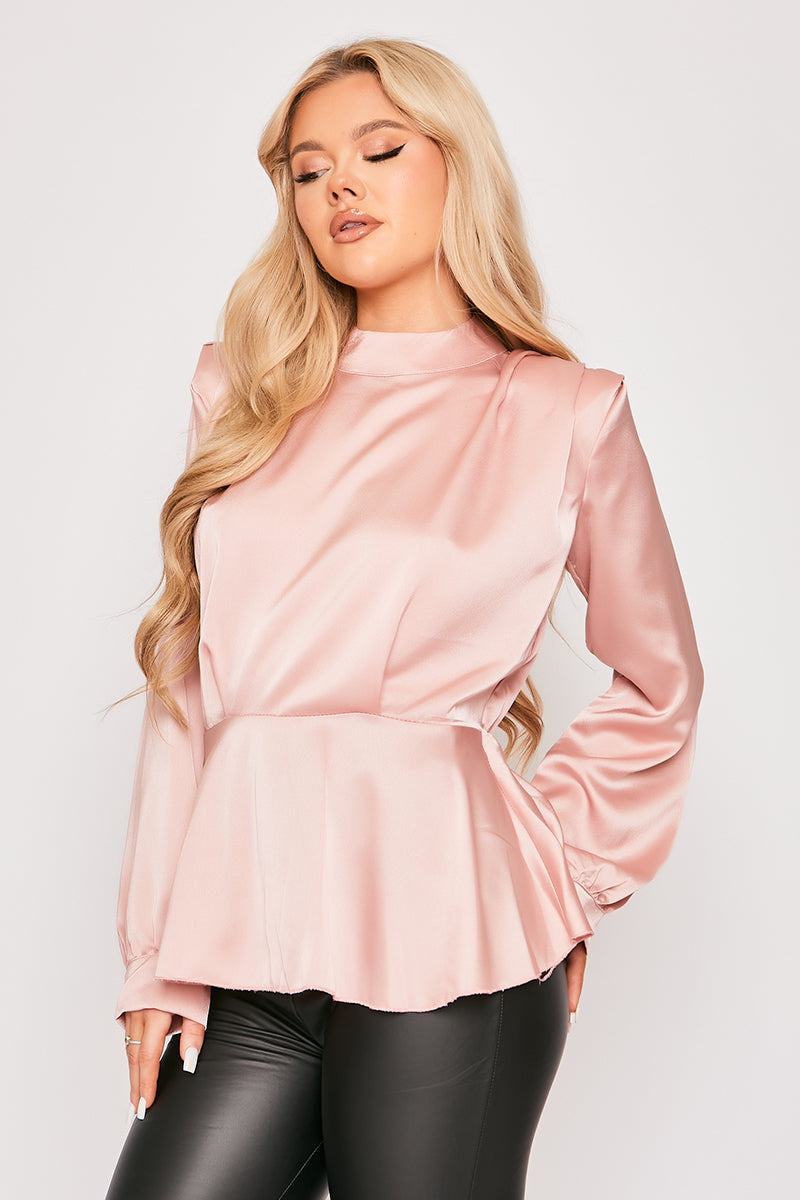 Abigayle - Pink Satin High Neck Peplum Top