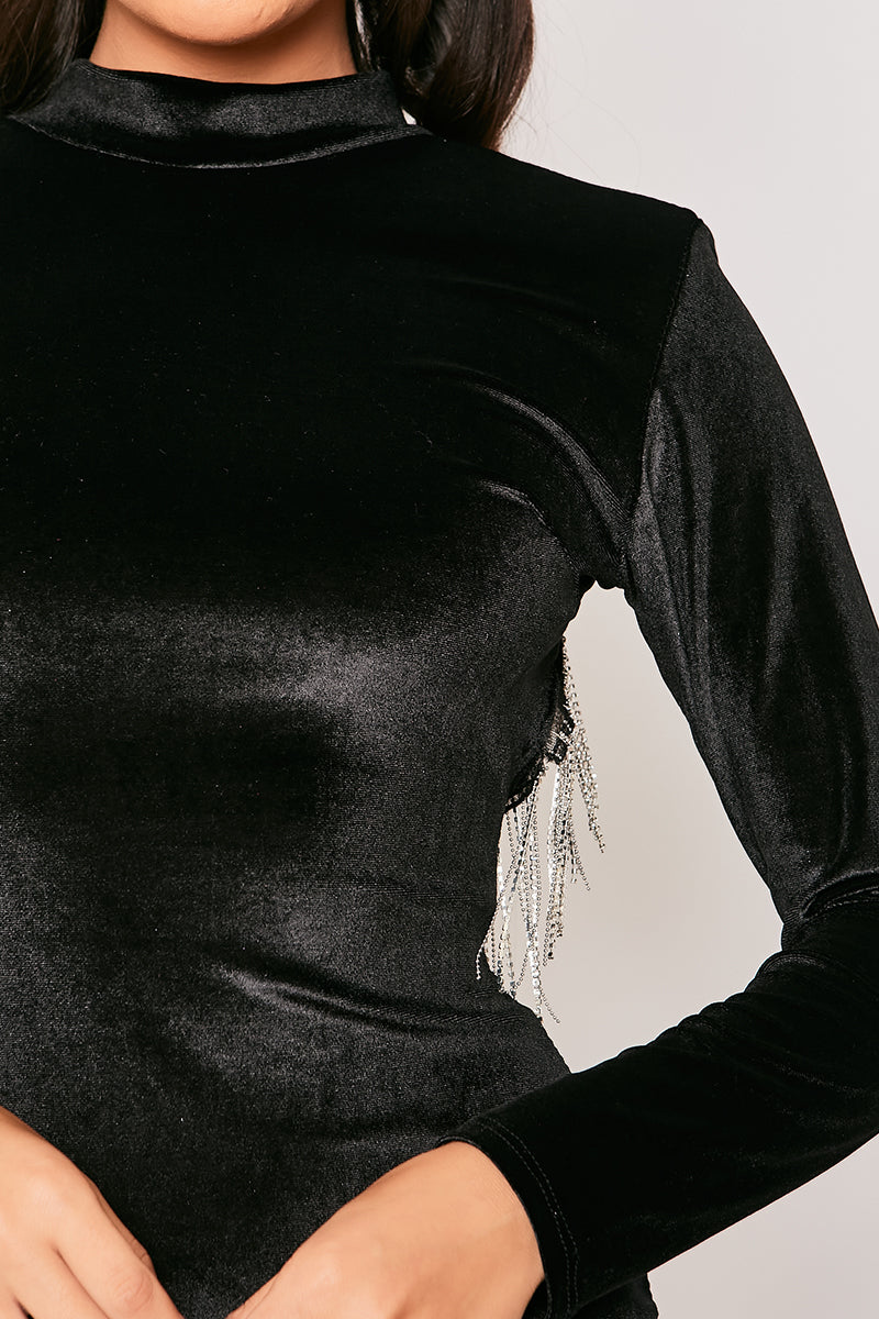 Giselle - Black Velvet Diamante Backless Dress