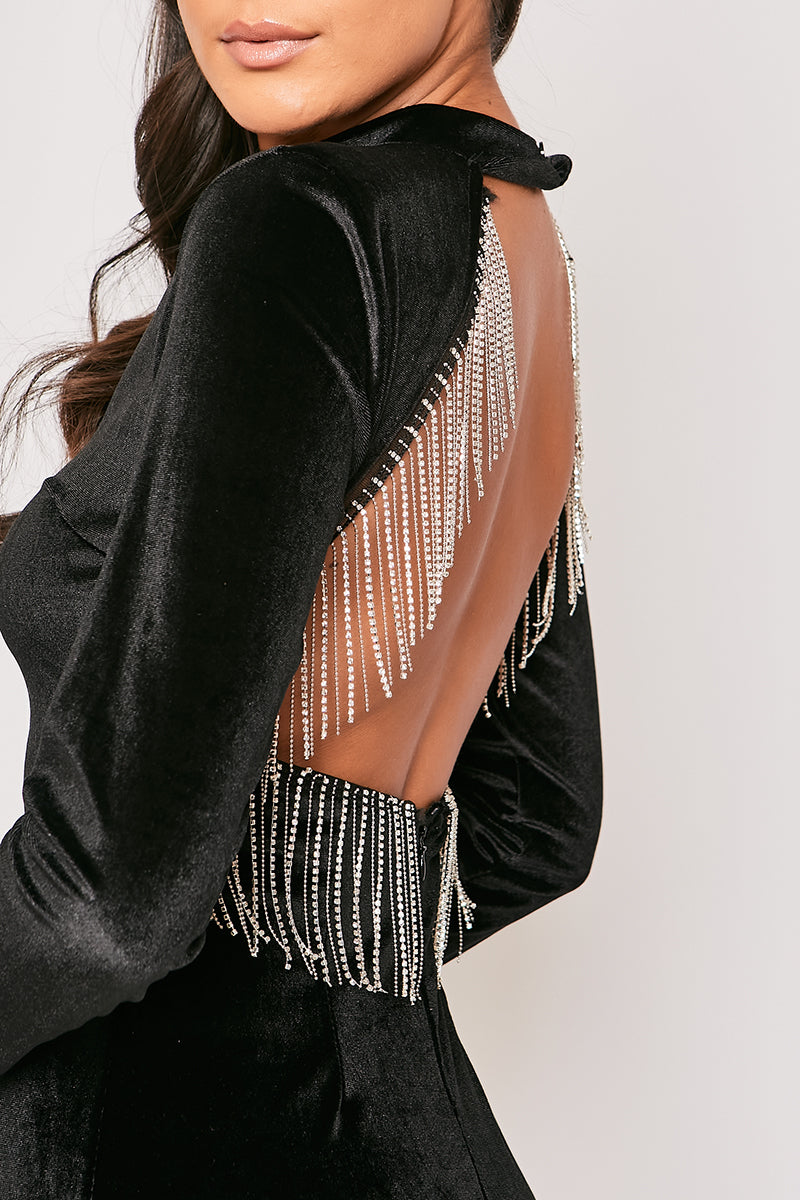 Giselle - Black Velvet Diamante Backless Dress