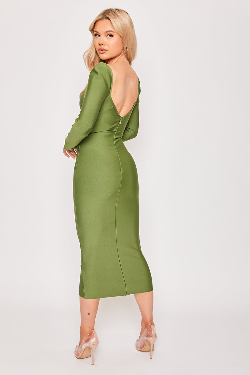Farah - Green Long Sleeve Bandage Midi Dress