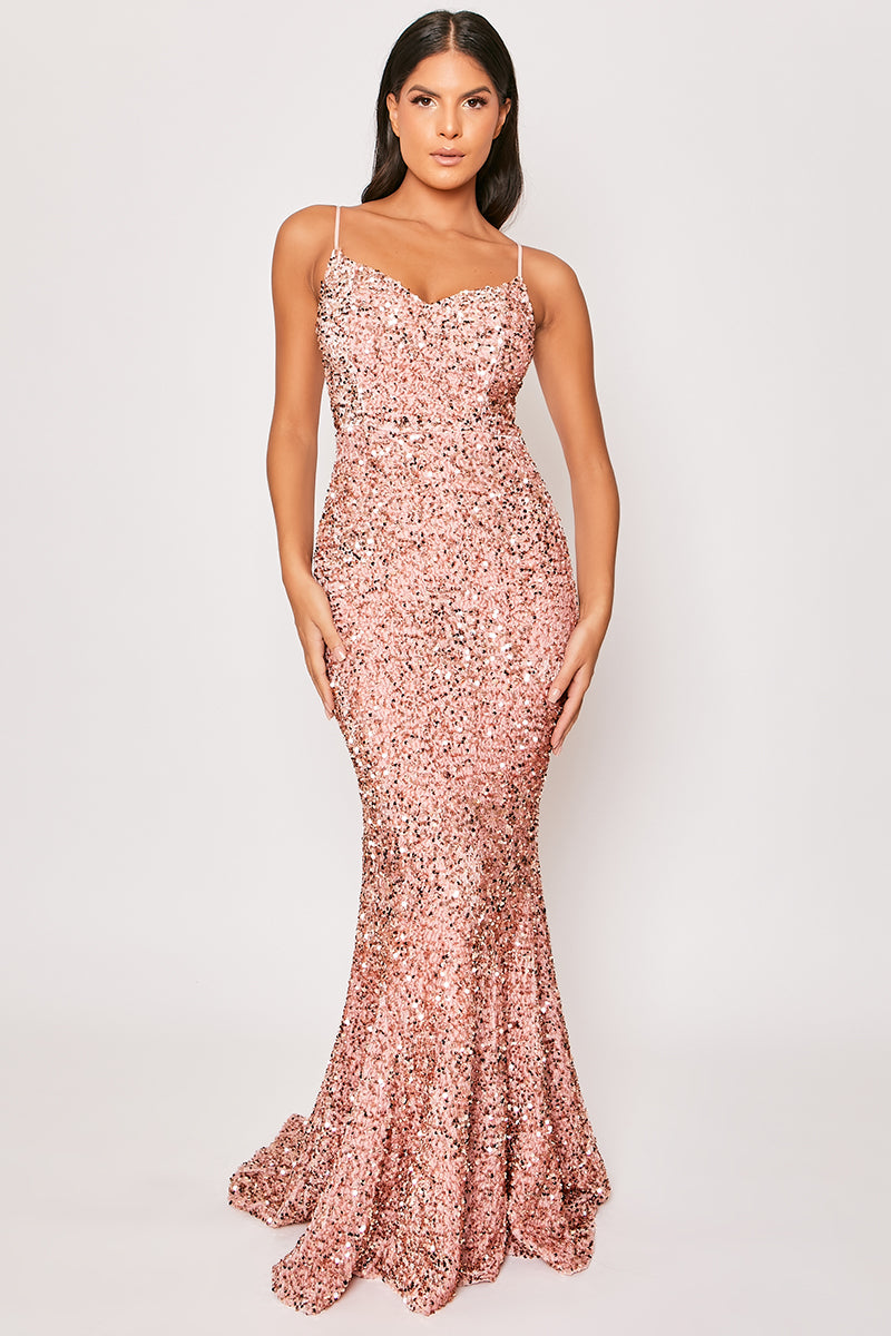 Royale - Pink Sequin Fishtail Evening Dress