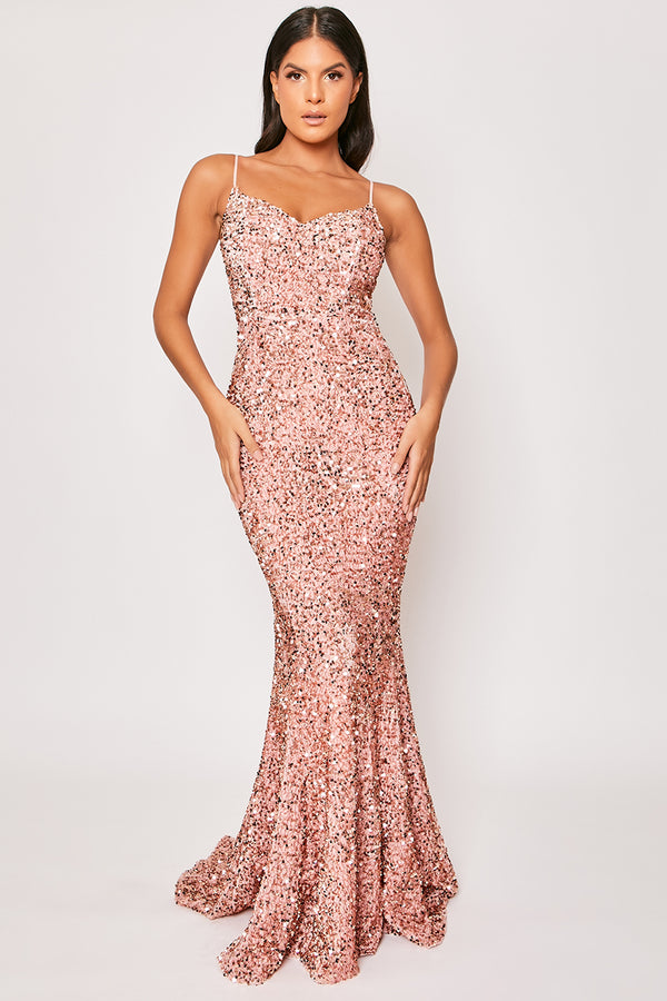 Royale - Pink Sequin Fishtail Evening Dress