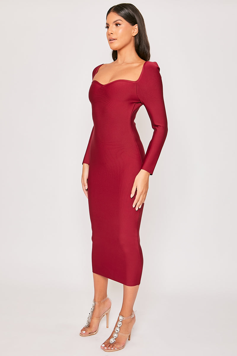 Farah - Wine Long Sleeve Bandage Midi Dress