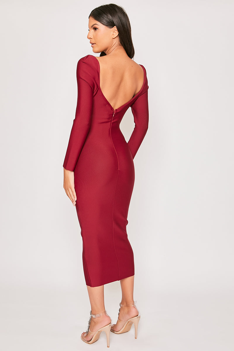 Farah - Wine Long Sleeve Bandage Midi Dress