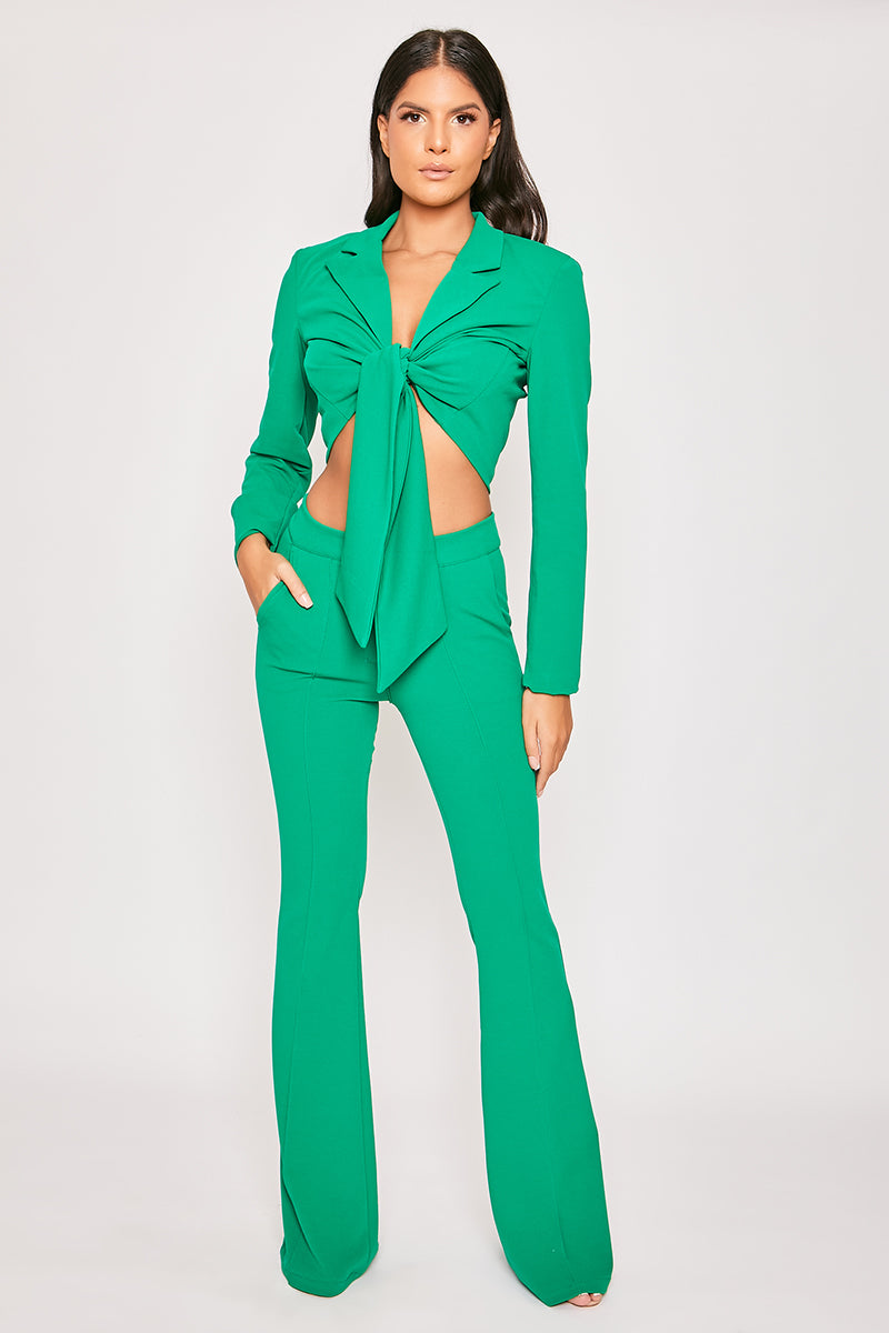 Blair - Green Tailored Front Knotted Blazer & Bell Bottom Trouser Set