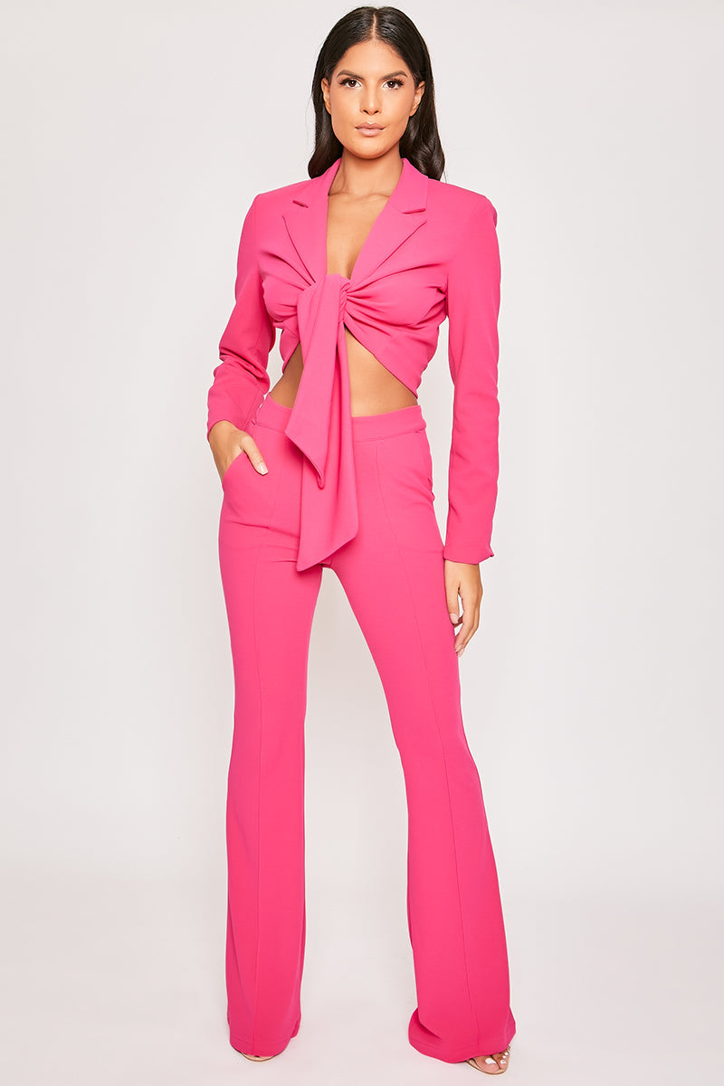 Blair - Pink Tailored Front Knotted Blazer & Bell Bottom Trouser Set