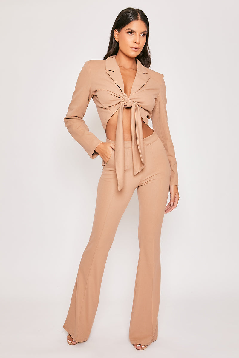 Blair - Tan Tailored Front Knotted Blazer & Bell Bottom Trouser Set