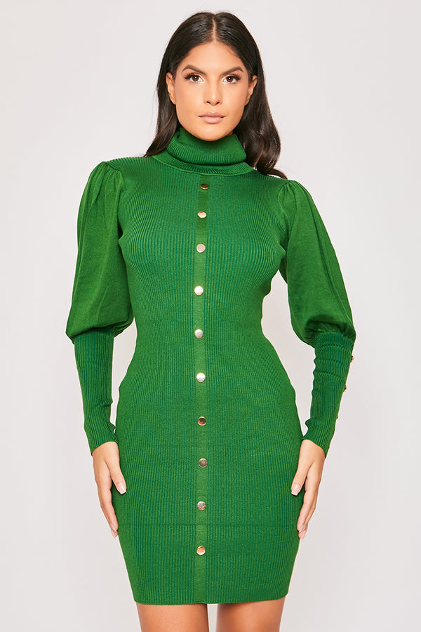 Florentine - Green Gold Button Roll Neck Jumper Dress