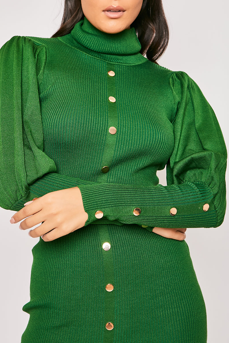Florentine - Green Gold Button Roll Neck Jumper Dress