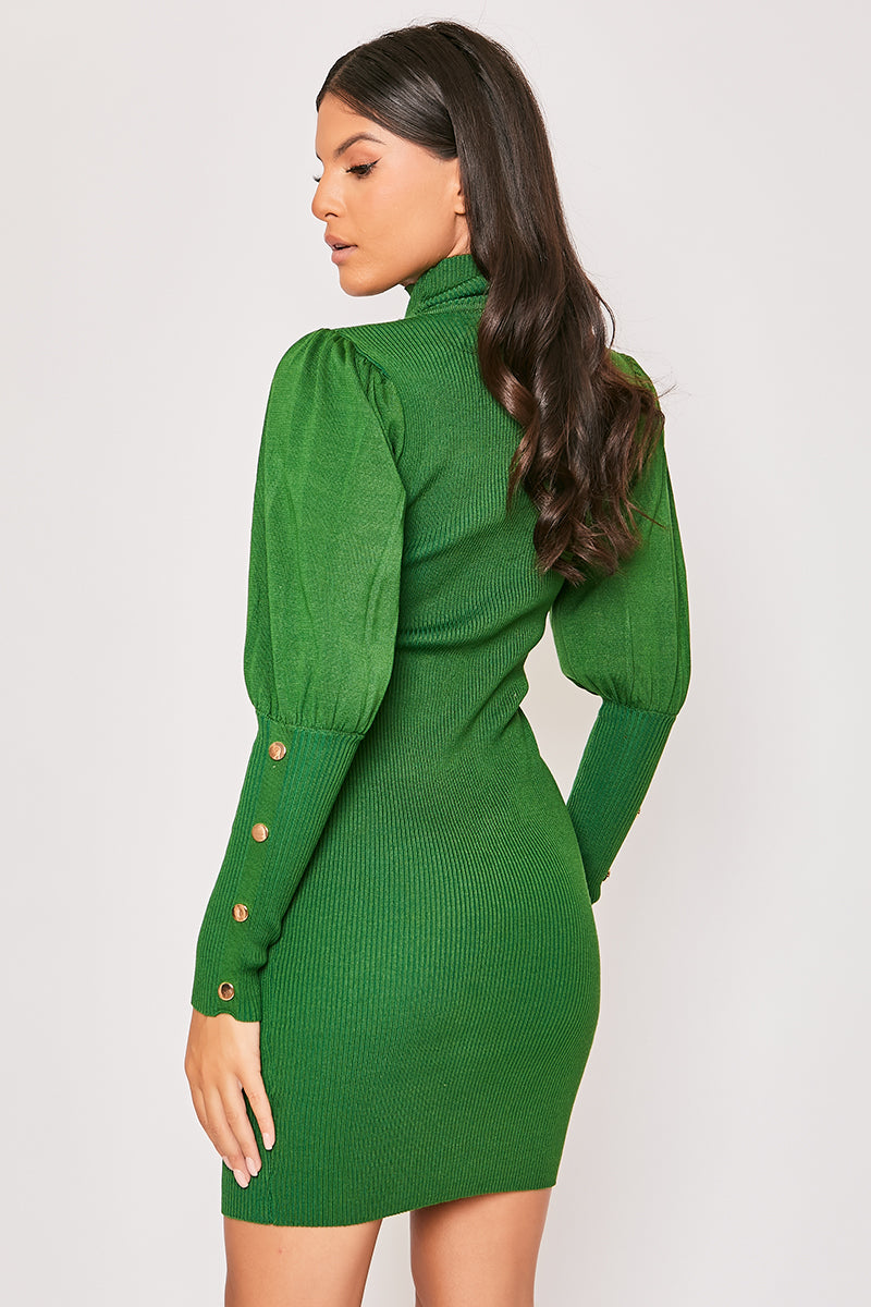 Florentine - Green Gold Button Roll Neck Jumper Dress