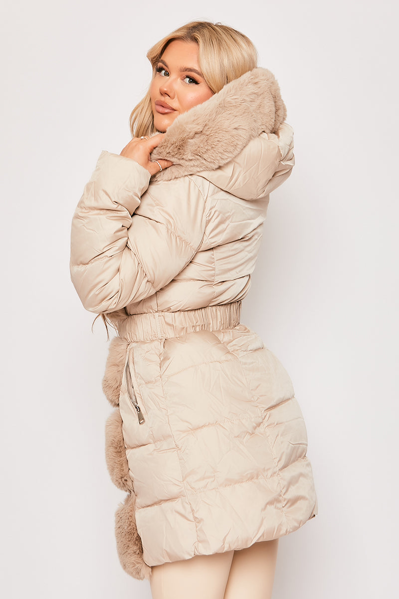 Perrie - Nude Belted Faux Fur Longline Puffer Coat, Faux Fur Coats