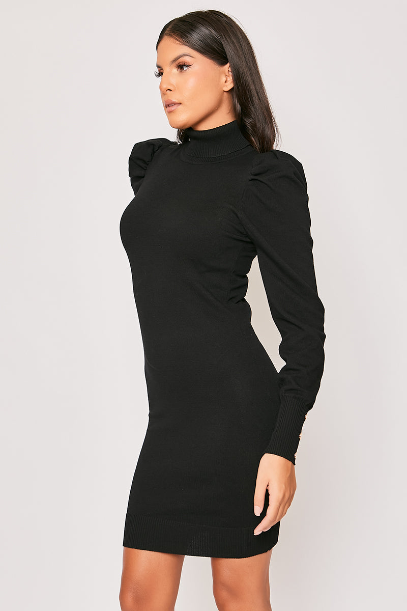Brooke - Black Roll Neck Puff Shoulder Jumper Dress