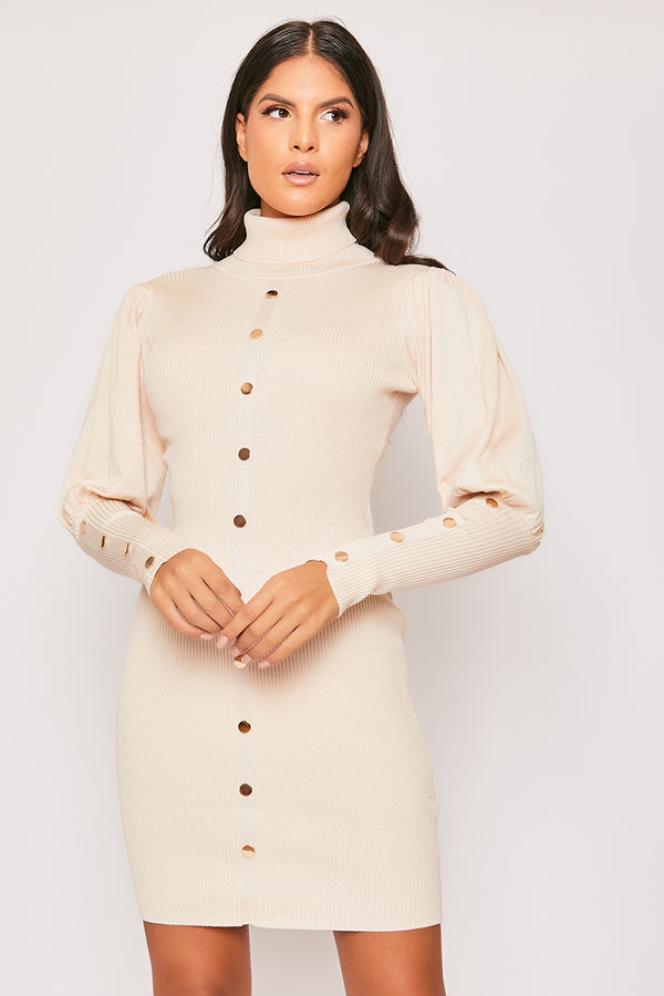 Florentine - Nude Gold Button Roll Neck Jumper Dress