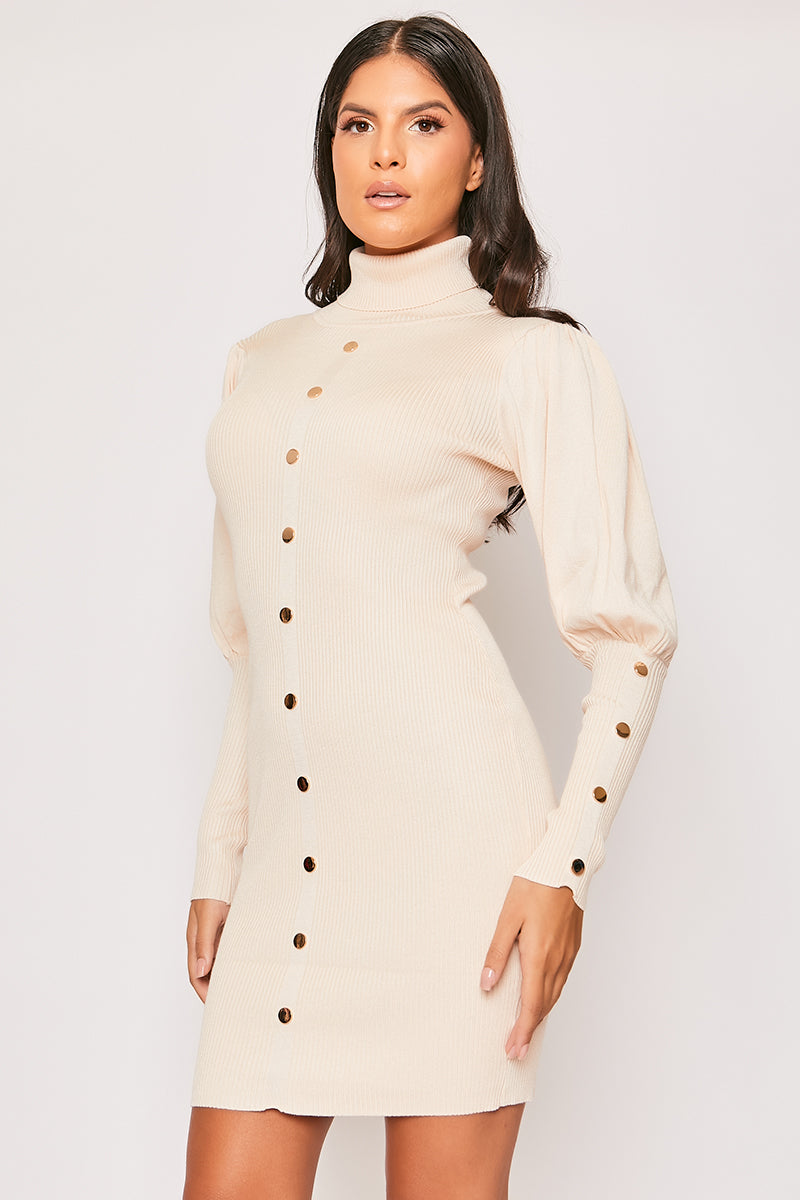 Florentine - Nude Gold Button Roll Neck Jumper Dress