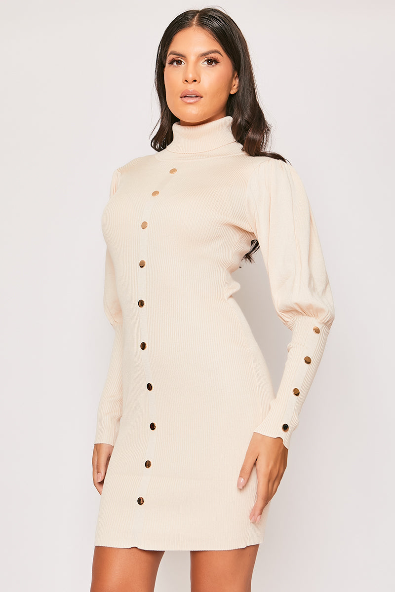 Florentine - Nude Gold Button Roll Neck Jumper Dress Miss G Couture Florentine - Nude Gold Button Roll Neck Jumper Dress Miss G Couture