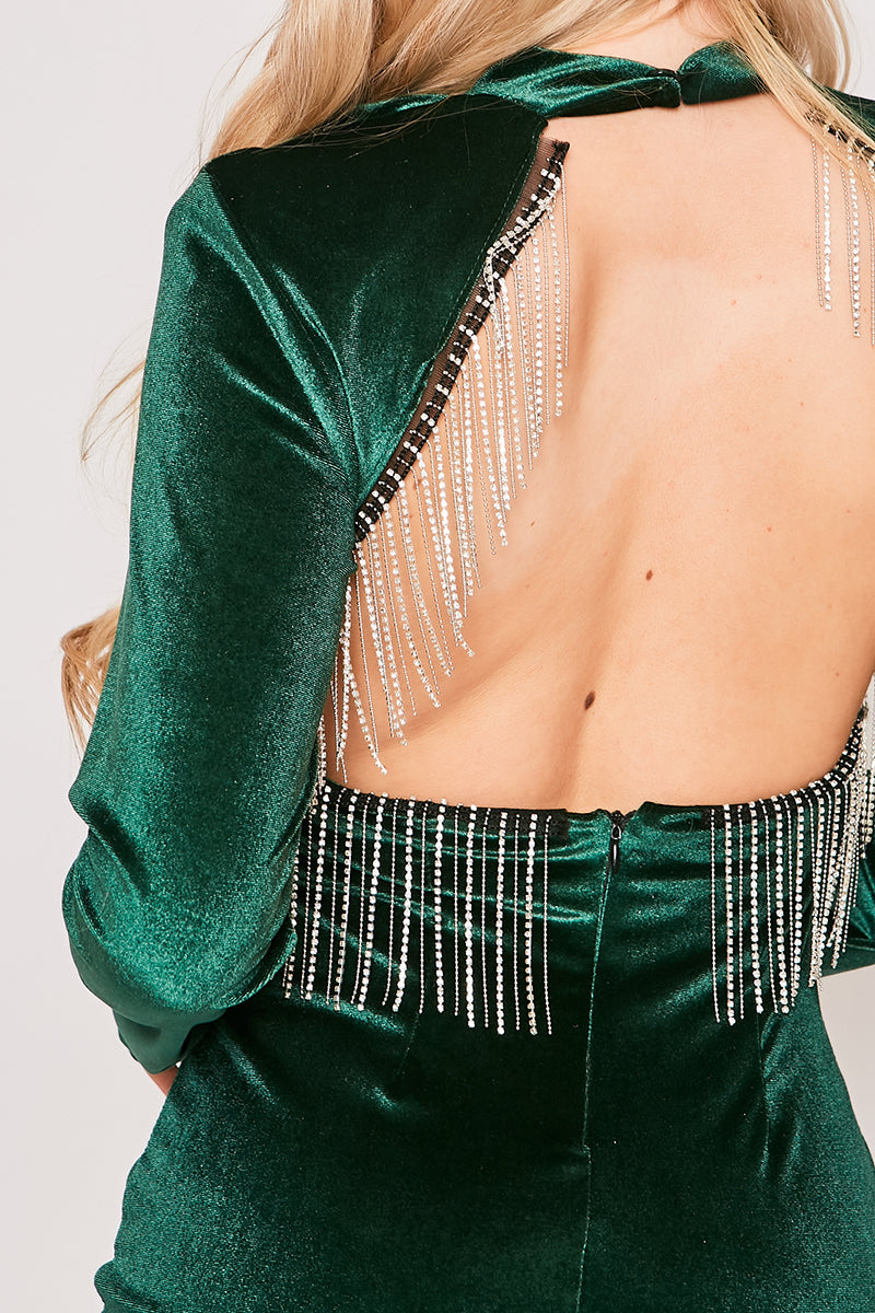 Giselle - Green Velvet Diamante Backless Dress Miss G Couture Giselle - Green Velvet Diamante Backless Dress Miss G Couture