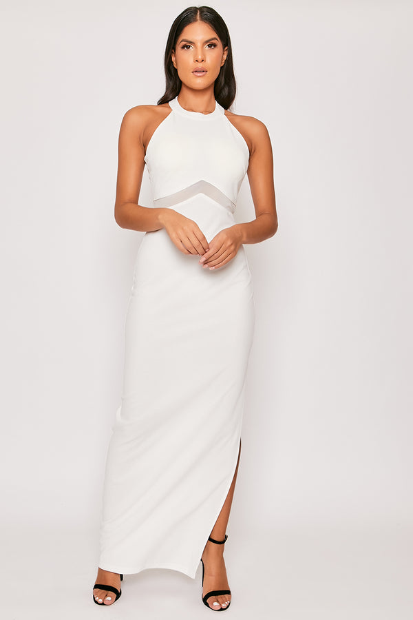Corina - White High Neck Thigh Split Evening Dress