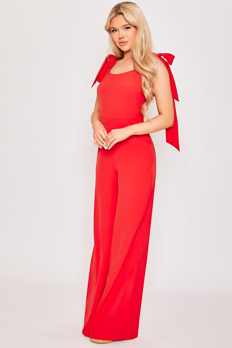 Madellyn - Red Tie Up Shoulder Palazzo Jumpsuit